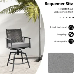 2er Set Barhocker mit 2-lagiger PE-Rattan-Rückenlehne & Abnehmbarem Gepolstertem Kissen Schwarz