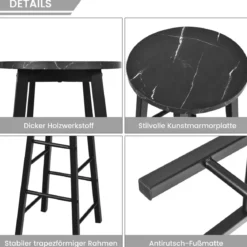 2er Set Barhocker mit Marmor Optik & Fußstütze & 71 cm Sitzhöhe Barstühle Tresenhocker Schwarz