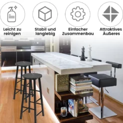 2er Set Barhocker mit Marmor Optik & Fußstütze & 71 cm Sitzhöhe Barstühle Tresenhocker Schwarz