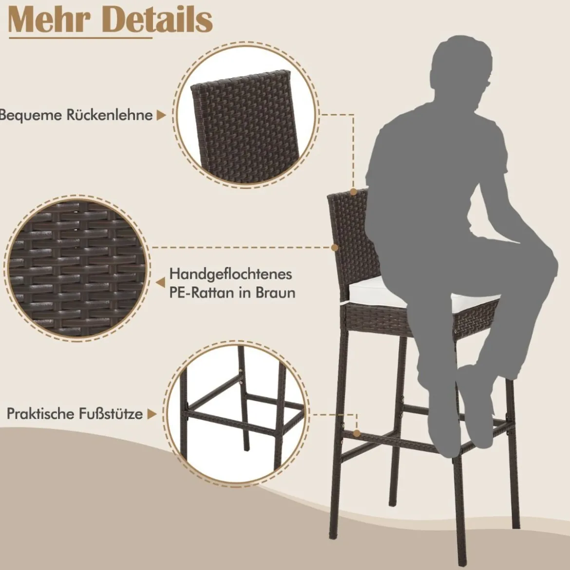 2er Set Barhocker mit Sitzpolsterung & Fußstütze Rattan Barstuhl bis 180 kg belastbar