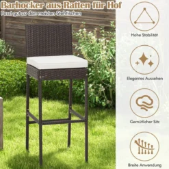 2er Set Barhocker mit Sitzpolsterung & Fußstütze Rattan Barstuhl bis 180 kg belastbar