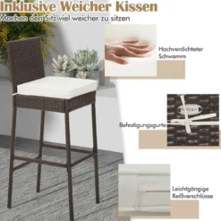 2er Set Barhocker mit Sitzpolsterung & Fußstütze Rattan Barstuhl bis 180 kg belastbar