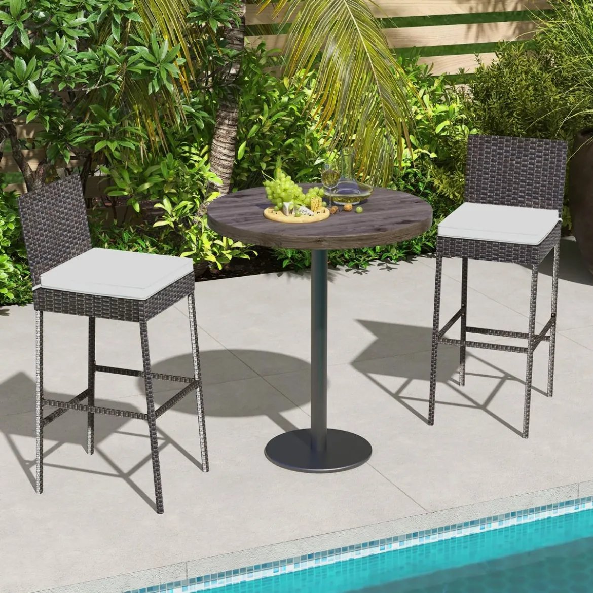 2er Set Barhocker mit Sitzpolsterung & Fußstütze Rattan Barstuhl bis 180 kg belastbar
