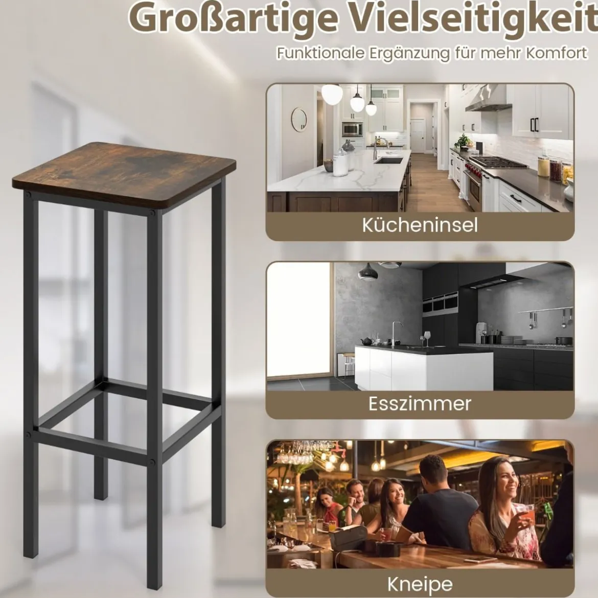 4er Set Barhocker mit Stahlgestell & Fußstütze & Industrie-Design Barstuhl Küchenstühle