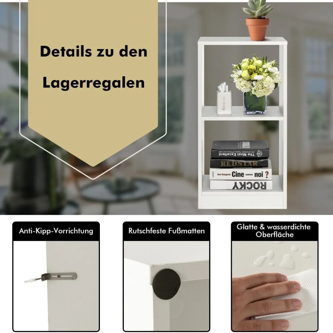 2er Set Bücherregal aus Holz mit 2 Ebenen & Kippschutz 38 x 33 x 72,5 cm Weiß