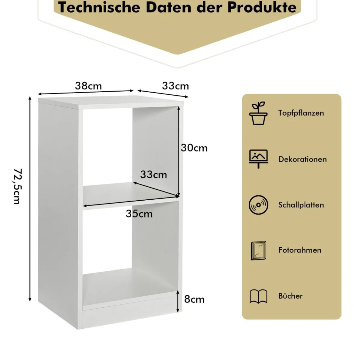 2er Set Bücherregal aus Holz mit 2 Ebenen & Kippschutz 38 x 33 x 72,5 cm Weiß