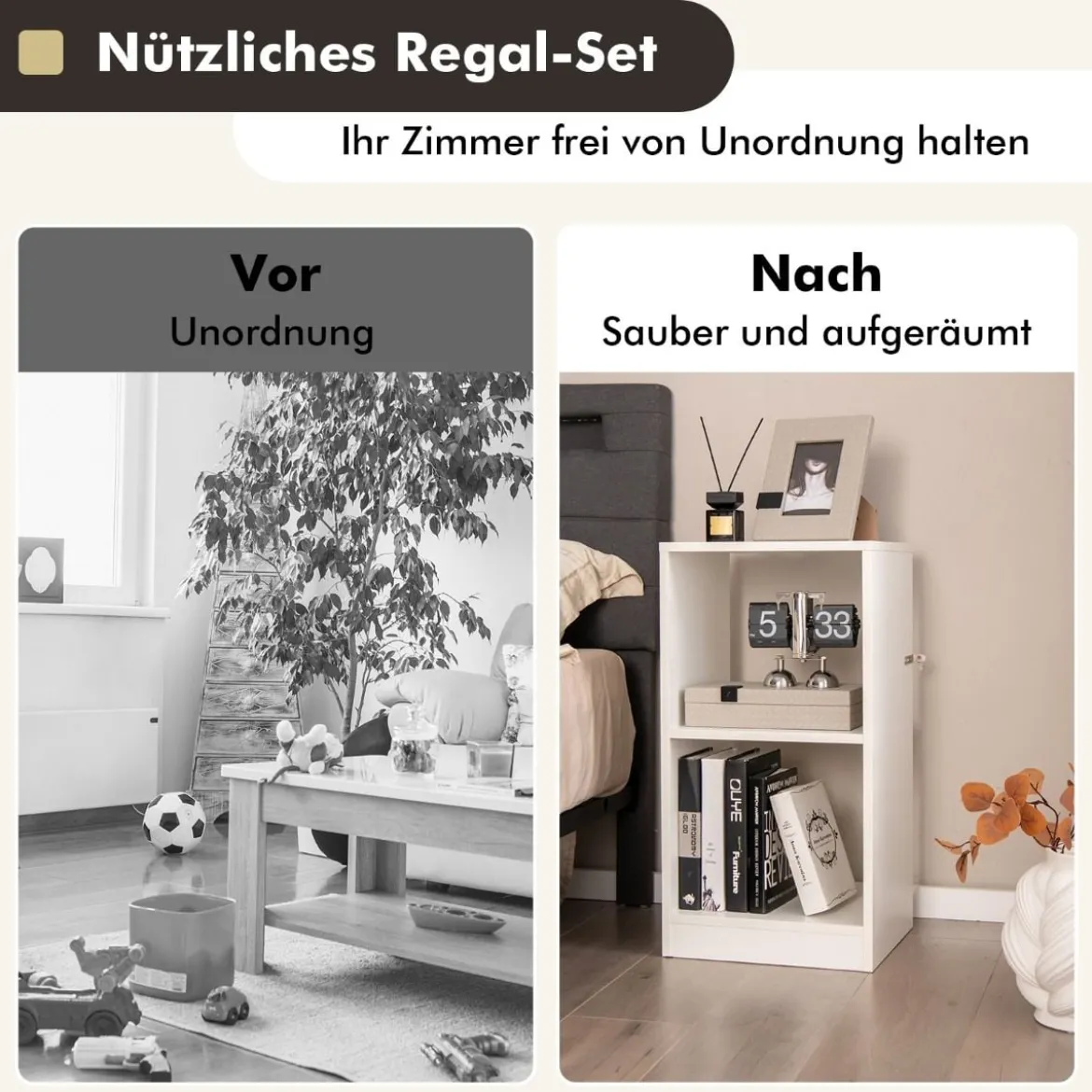 2er Set Bücherregal aus Holz mit 2 Ebenen & Kippschutz 38 x 33 x 72,5 cm Weiß