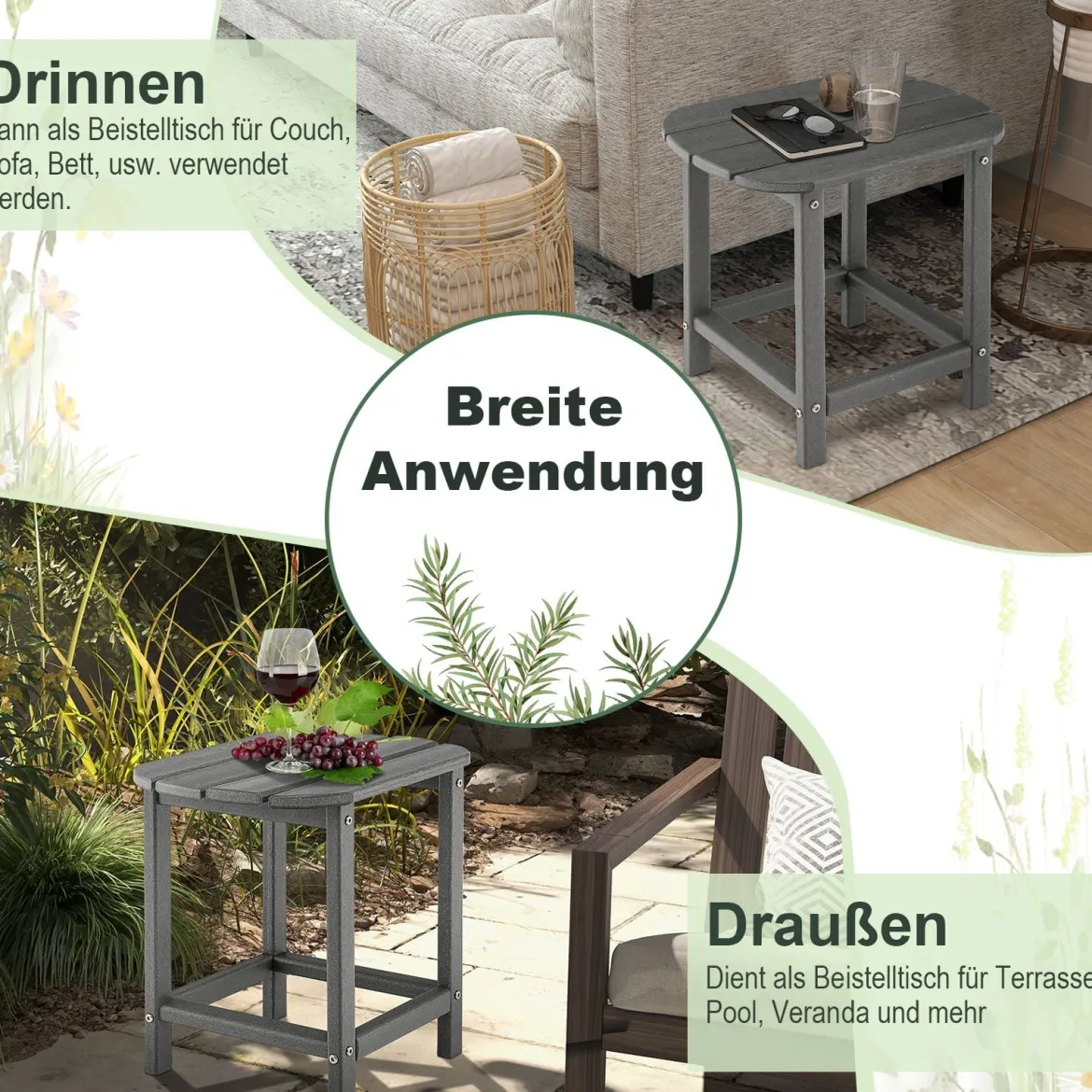 2er Set Beistelltisch aus HDPE Wetterfester Adirondack Gartentisch Kleiner Kaffeetisch Grau