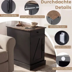 2er Set Beistelltisch Beistellschrank mit Ladestation Nachttisch mit klappbarer Tischplatte Schwarz