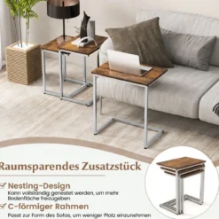 3er Set Beistelltische mit Metallrahmen C-Form Couchtisch Satztisch Sofatisch Vintagebraun