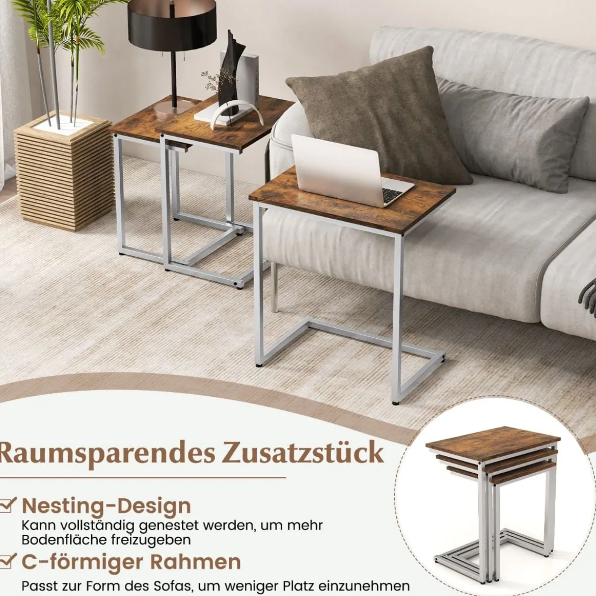 3er Set Beistelltische mit Metallrahmen C-Form Couchtisch Satztisch Sofatisch Vintagebraun
