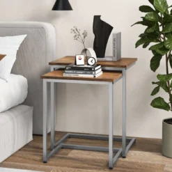 3er Set Beistelltische mit Metallrahmen C-Form Couchtisch Satztisch Sofatisch Vintagebraun