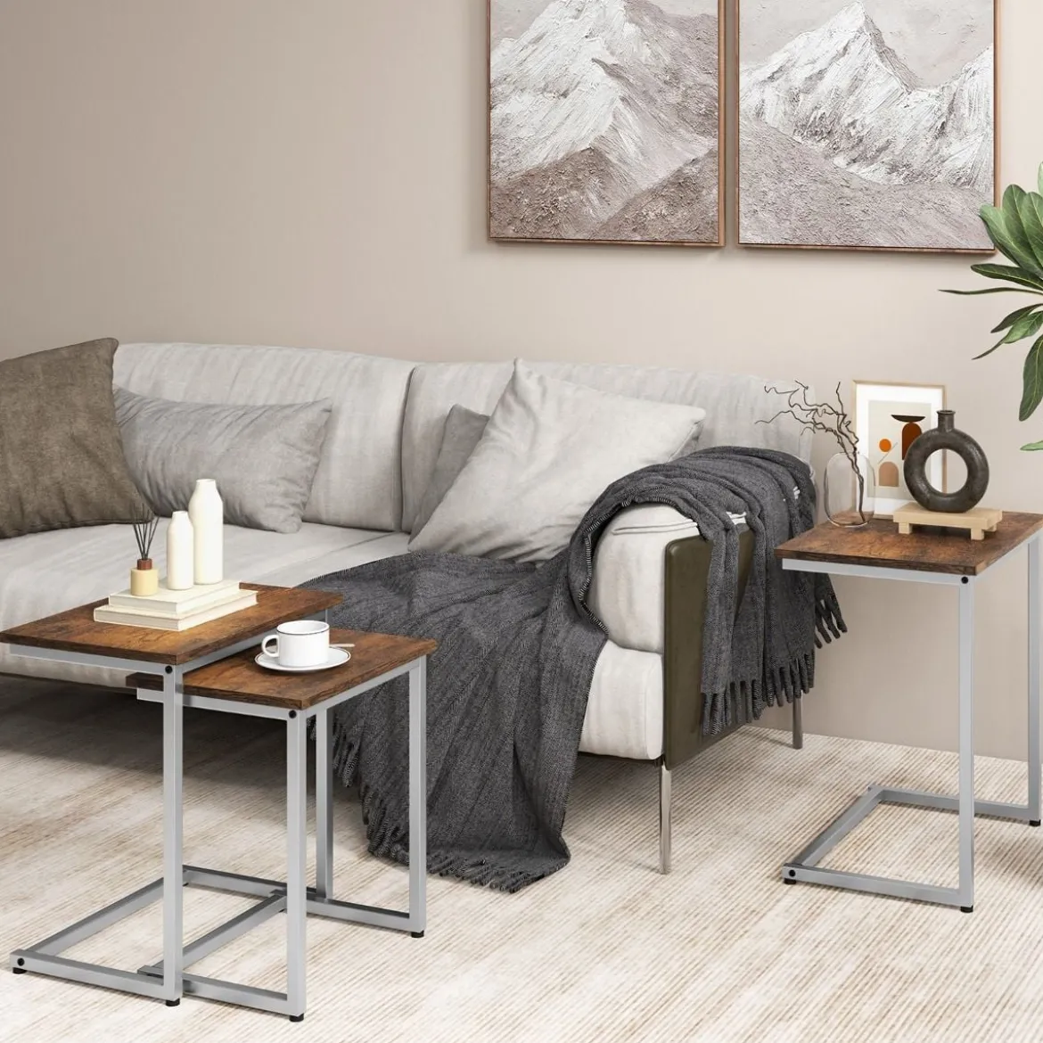 3er Set Beistelltische mit Metallrahmen C-Form Couchtisch Satztisch Sofatisch Vintagebraun