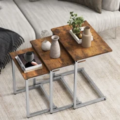 3er Set Beistelltische mit Metallrahmen C-Form Couchtisch Satztisch Sofatisch Vintagebraun