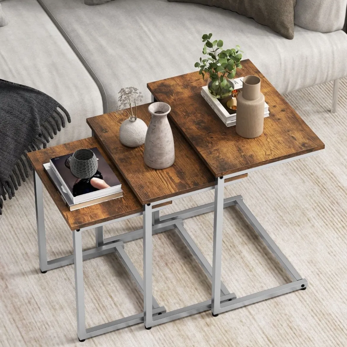 3er Set Beistelltische mit Metallrahmen C-Form Couchtisch Satztisch Sofatisch Vintagebraun