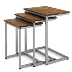 3er Set Beistelltische mit Metallrahmen C-Form Couchtisch Satztisch Sofatisch Vintagebraun