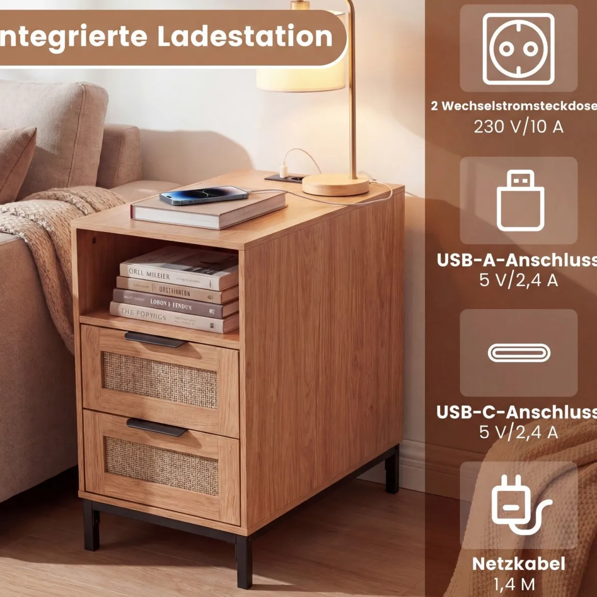 2er Set Beistelltisch mit Ladestation & 2 Schubladen Nachttisch aus Ratten & Holz Natur