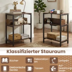 2er Set Beistelltisch mit Ladestation 3-stufiger Endtisch mit Aufbewahrungsregalen Nachttisch Rustikal Braun