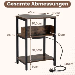 2er Set Beistelltisch mit Ladestation 3-stufiger Endtisch mit Aufbewahrungsregalen Nachttisch Rustikal Braun