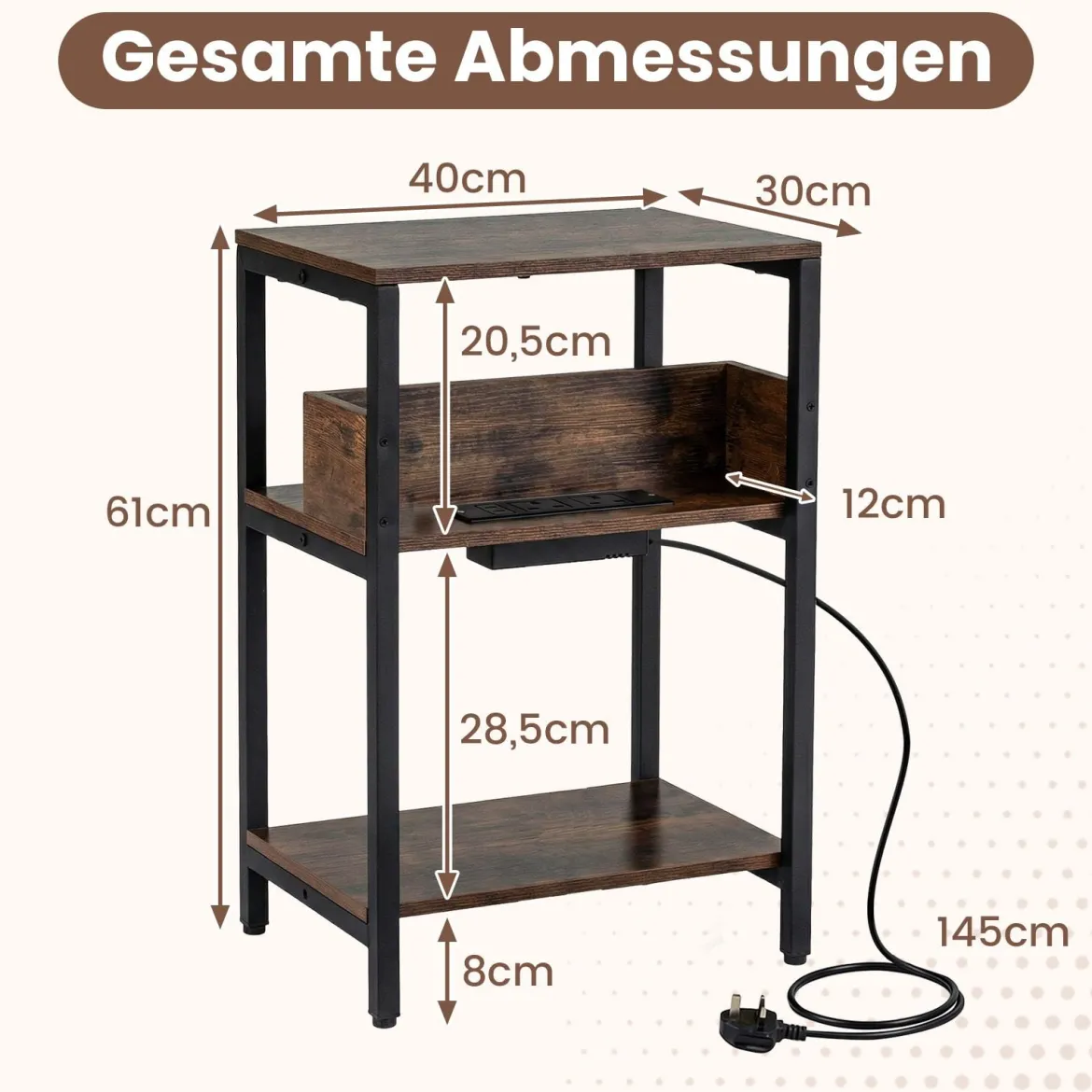 2er Set Beistelltisch mit Ladestation 3-stufiger Endtisch mit Aufbewahrungsregalen Nachttisch Rustikal Braun