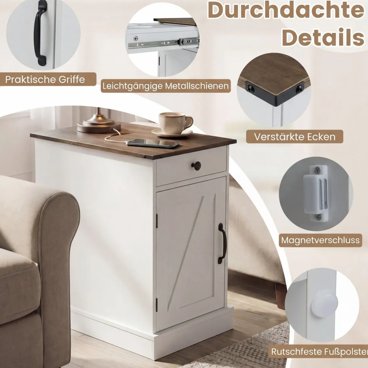2er Set Beistelltisch mit Ladestation Beistellschrank mit Klappbarer Tischplatte Nachttisch Weiß