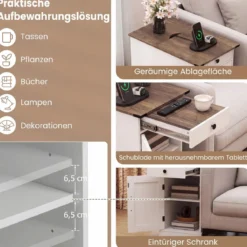 2er Set Beistelltisch mit Ladestation Beistellschrank mit Klappbarer Tischplatte Nachttisch Weiß