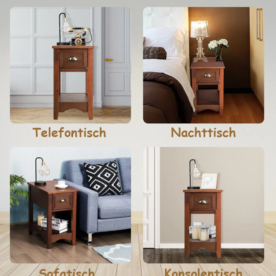 2er Set Beistelltisch mit Schublade & Ablage 2-stöckiger Sofatisch Nachttisch Rotbraun
