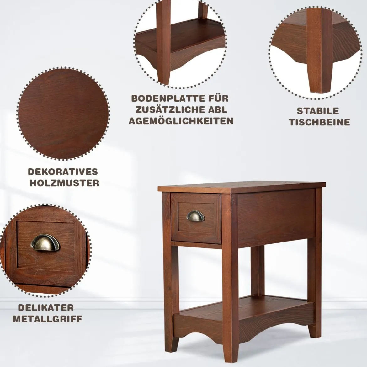 2er Set Beistelltisch mit Schublade & Ablage 2-stöckiger Sofatisch Nachttisch Rotbraun