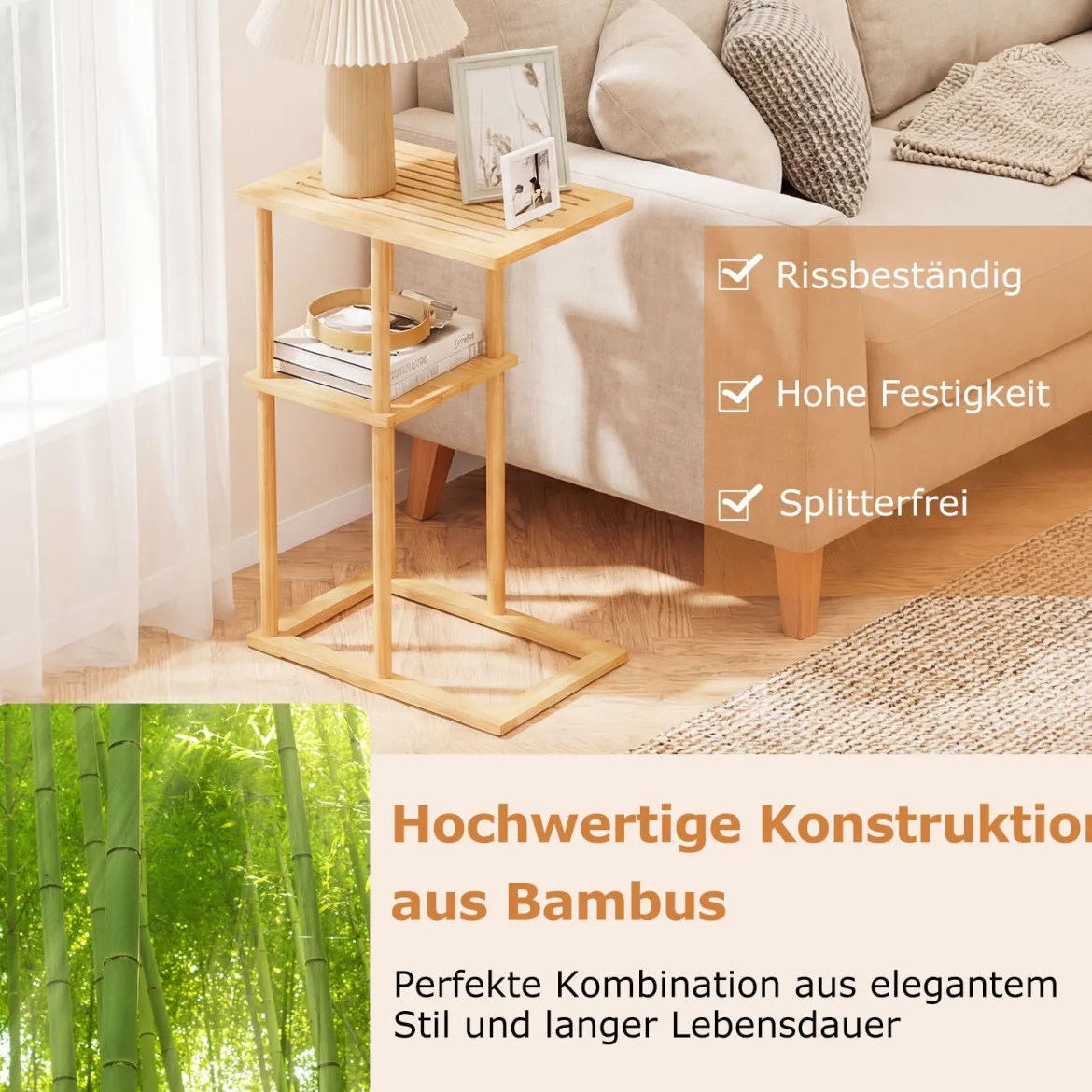 2er Set Beistelltisch Schmaler Nachttisch Rechteckiger Sofatisch C-Form Bambus Countisch