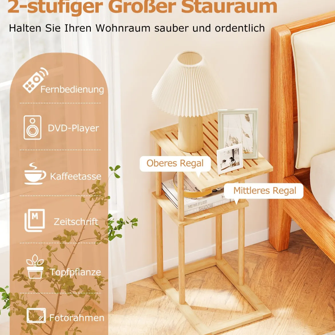 2er Set Beistelltisch Schmaler Nachttisch Rechteckiger Sofatisch C-Form Bambus Countisch