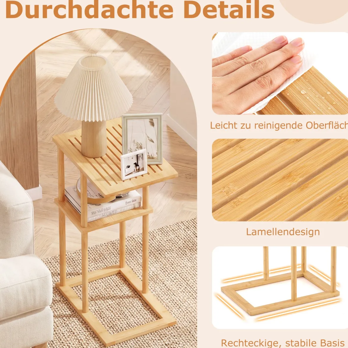 2er Set Beistelltisch Schmaler Nachttisch Rechteckiger Sofatisch C-Form Bambus Countisch