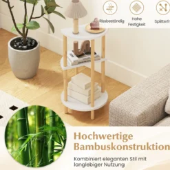 2er Set Beistelltisch 3 Stockig Rund aus Bambus Nachttisch Sofatisch Weiß + Natur