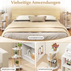 2er Set Beistelltisch 3 Stockig Rund aus Bambus Nachttisch Sofatisch Weiß + Natur