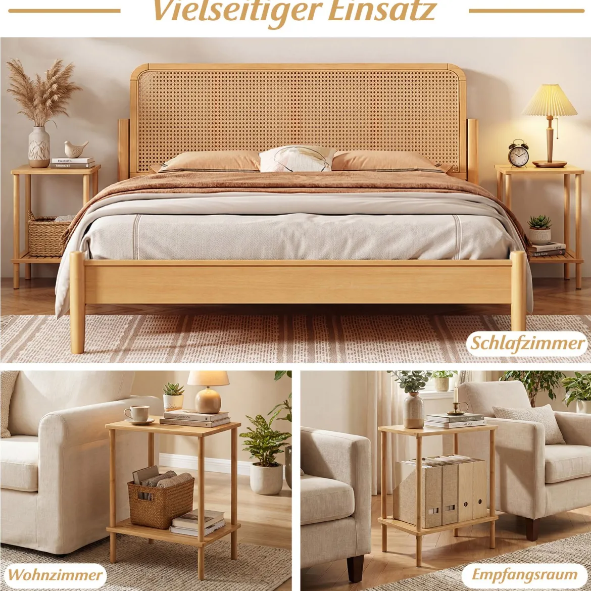 2er Set Beistelltisch 2 Stufig Bambus Rechteckig Sofatisch Nachttisch für Wohnzimmer Natur