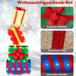 4er Set beleuchteten Weihnachtsgeschenkboxen leuchtende Geschenkboxen mit bunten Schleifen Mehrfarbig