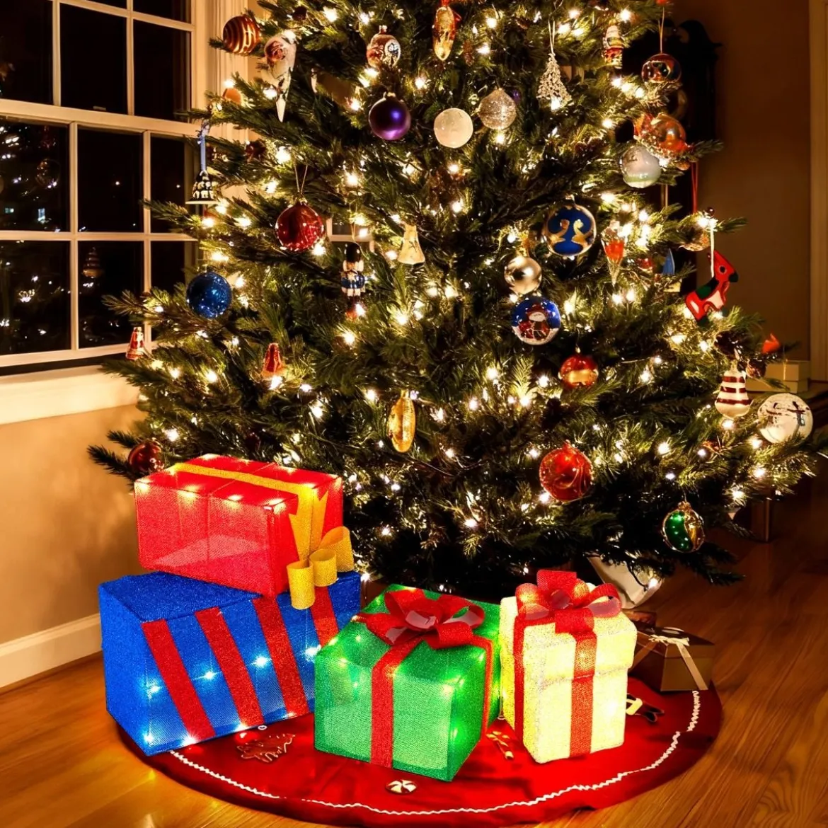 4er Set beleuchteten Weihnachtsgeschenkboxen leuchtende Geschenkboxen mit bunten Schleifen Mehrfarbig