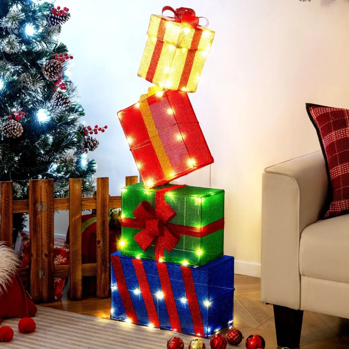4er Set beleuchteten Weihnachtsgeschenkboxen leuchtende Geschenkboxen mit bunten Schleifen Mehrfarbig