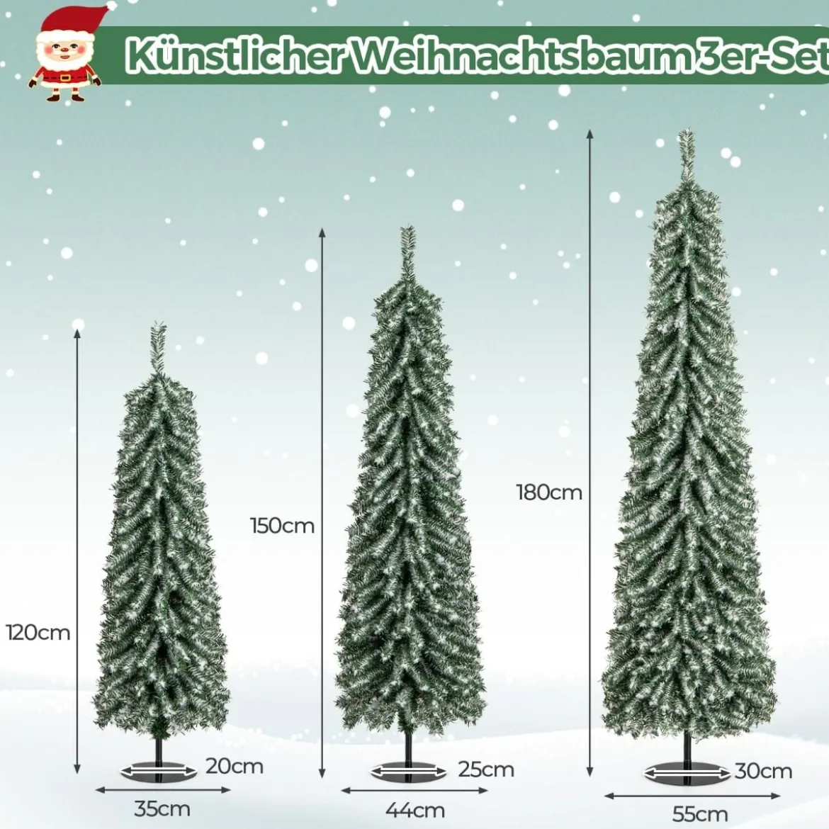 3er Set Bleistift Weihnachtsbaum Künstlich 120+150+180 cm Christbaum für Zuhause Büro