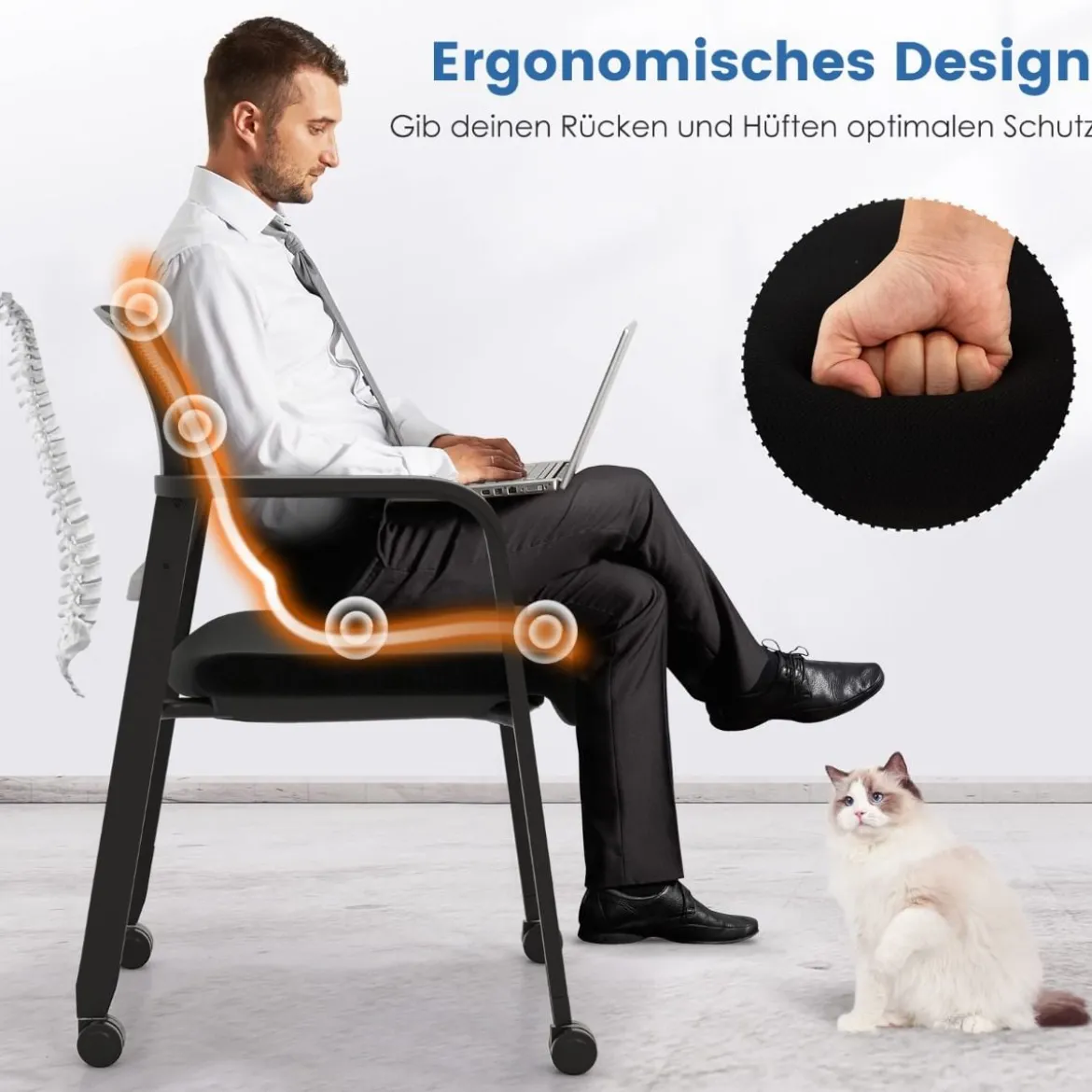 2er Set Bürostühle bis 150kg belastbar mit Rollen & Armlehnen Stapelbare Besucherstühle Konferenzstühle Schwarz