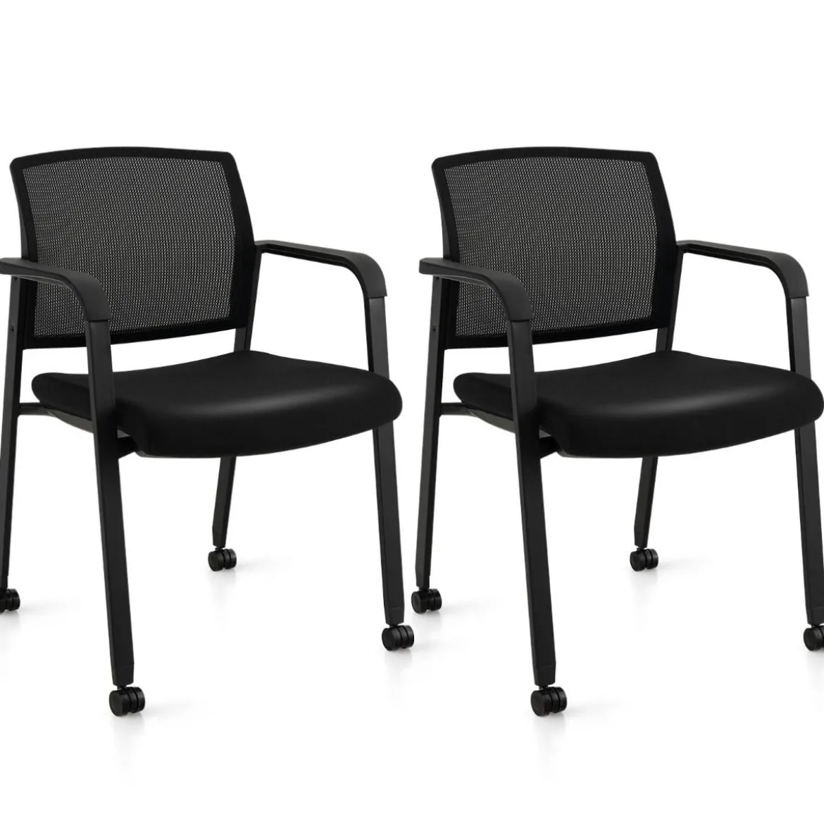 2er Set Bürostühle bis 150kg belastbar mit Rollen & Armlehnen Stapelbare Besucherstühle Konferenzstühle Schwarz
