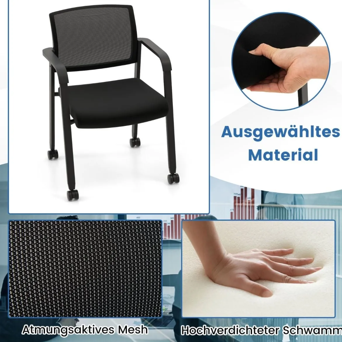 2er Set Bürostühle bis 150kg belastbar mit Rollen & Armlehnen Stapelbare Besucherstühle Konferenzstühle Schwarz