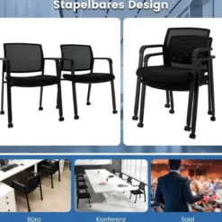 2er Set Bürostühle bis 150kg belastbar mit Rollen & Armlehnen Stapelbare Besucherstühle Konferenzstühle Schwarz