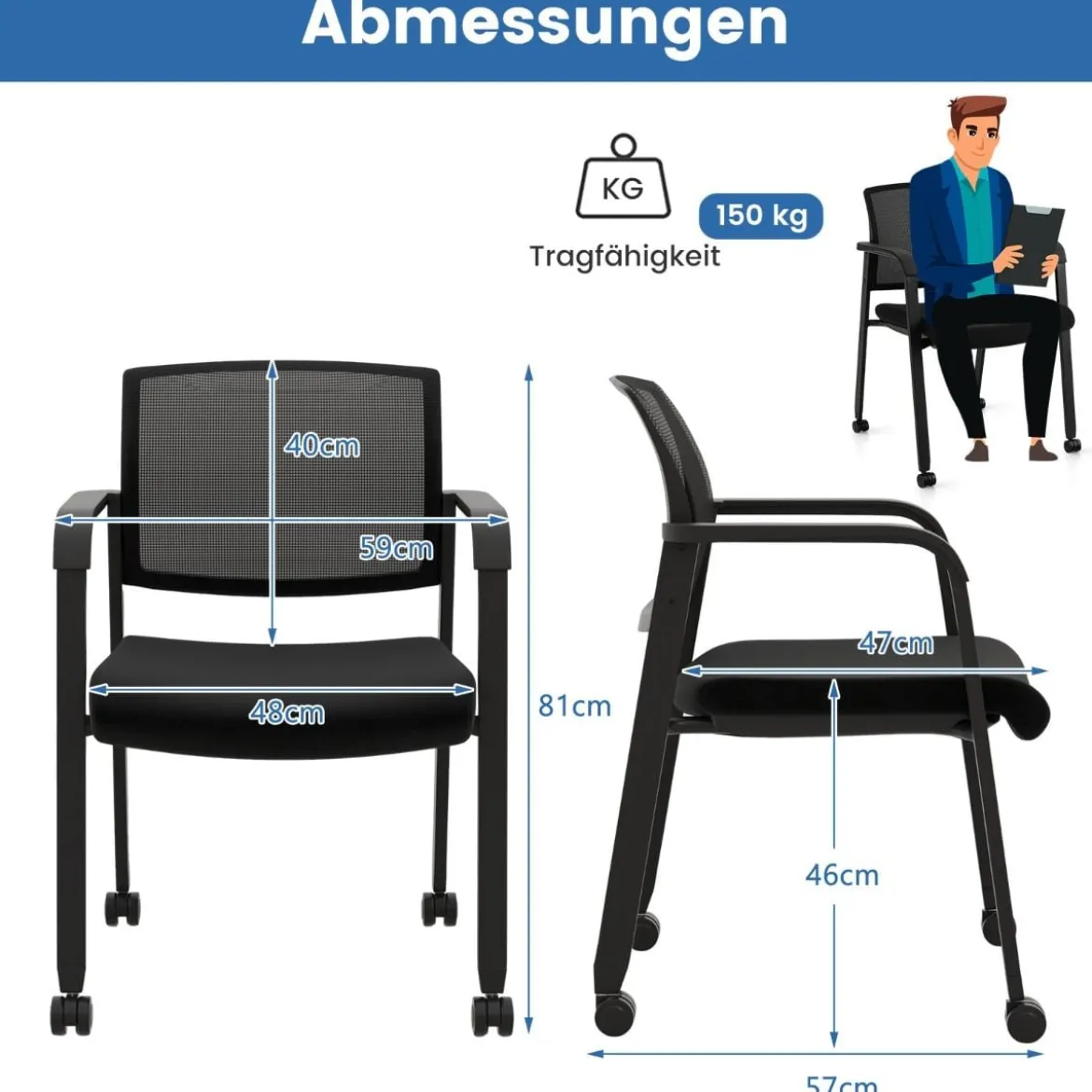2er Set Bürostühle bis 150kg belastbar mit Rollen & Armlehnen Stapelbare Besucherstühle Konferenzstühle Schwarz
