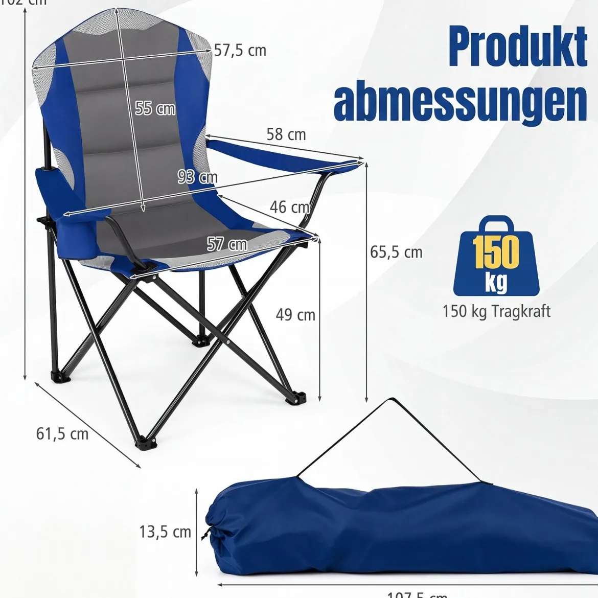 2er Set Campingstuhl Klappbar tragbarer Angelstuhl mit Getränkehalter Rutschfesten Füßen Blau