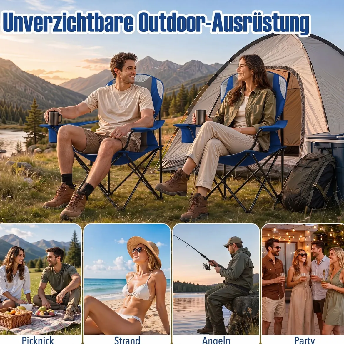 2er Set Campingstuhl Klappbar tragbarer Angelstuhl mit Getränkehalter Rutschfesten Füßen Blau