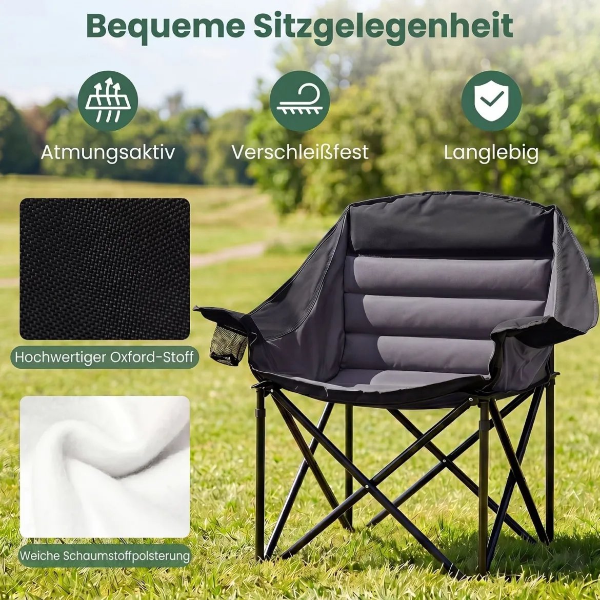 2er Set Campingstuhl Klappbarer Campingsessel mit Sitzpolster Getränkehalter bis 230 kg Belastbar