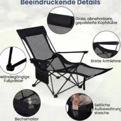 2er Set Campingstuhl mit Abnehmbarer Fußablage & Verstellbarer Rückenlehne & Kopfstütze Angelstuhl