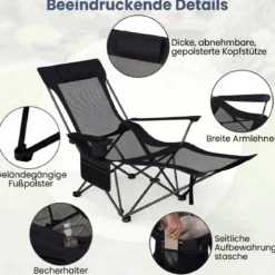 2er Set Campingstuhl mit Abnehmbarer Fußablage & Verstellbarer Rückenlehne & Kopfstütze Angelstuhl