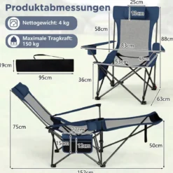 2er Set Campingstuhl mit Abnehmbarer Fußablage & Verstellbarer Rückenlehne & Kopfstütze Angelstuhl