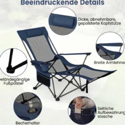 2er Set Campingstuhl mit Abnehmbarer Fußablage & Verstellbarer Rückenlehne & Kopfstütze Angelstuhl